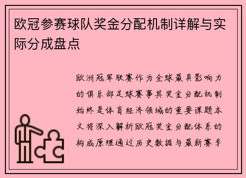 欧冠参赛球队奖金分配机制详解与实际分成盘点